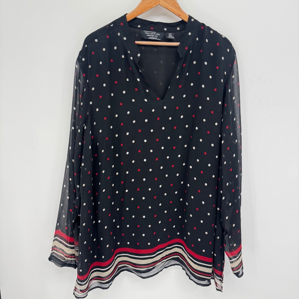 New York City Design Co Blouse Women 32W Silk Polka Dot V-Neck Semisheer Office